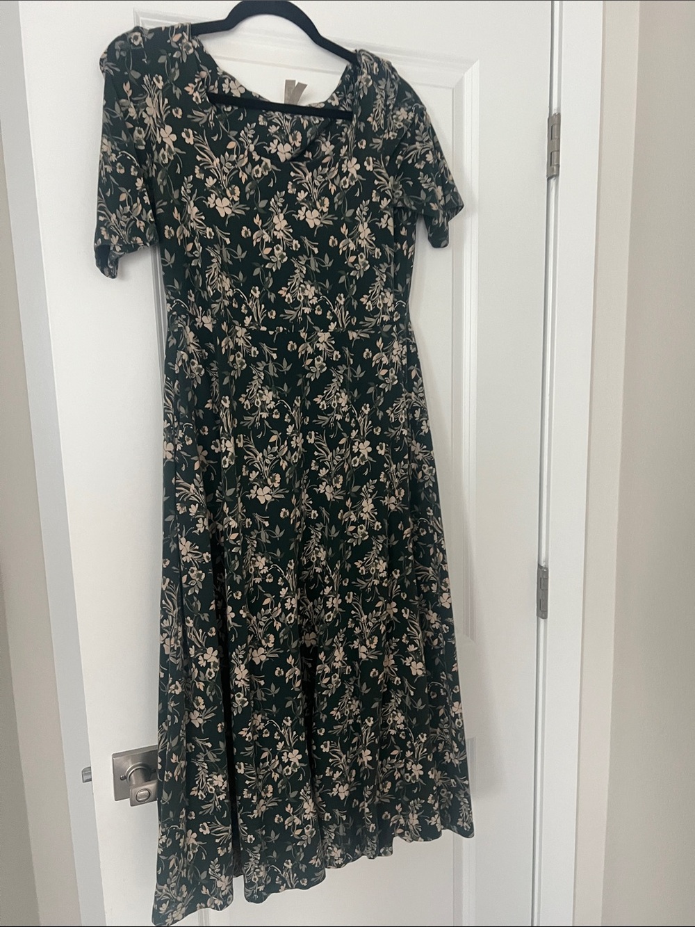Elegant Dark Green Floral Midi Dress with Cream Print